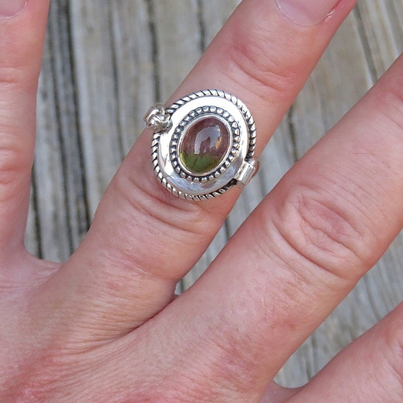 SOLD Sterling Silver Natural Watermelon Tourmaline Poison Ring - Picture 3 of 8